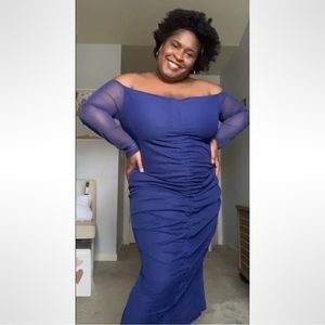 PrettyLittleThing Blue Mesh Off Shoulder Ruched Dress